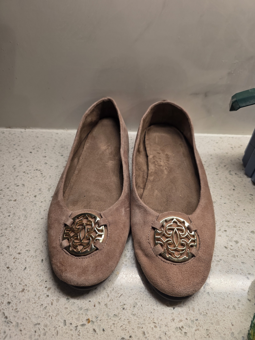 Aerosoles Taupe Suede Exhibet Ballet Flats with Gold Medallion